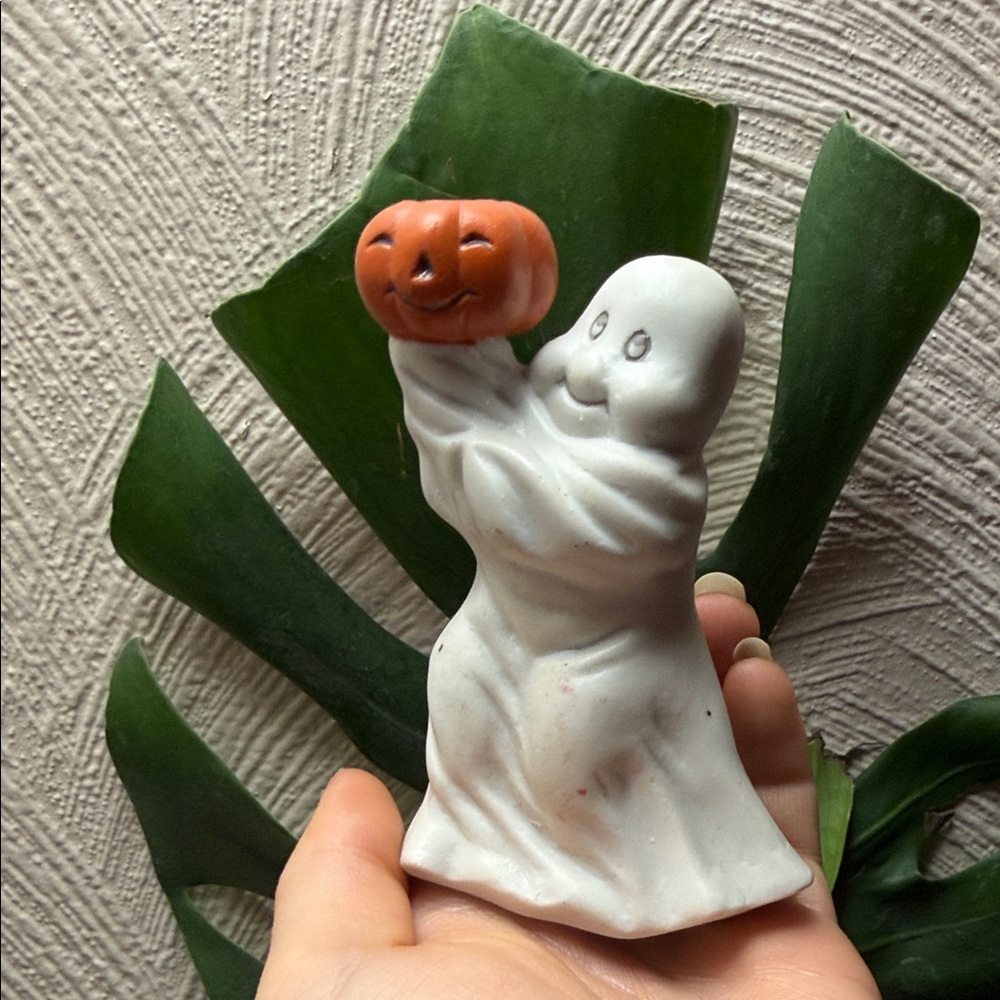 Vintage Ceramic White Ghost Figurine with Orange Pumpkin candle holder
